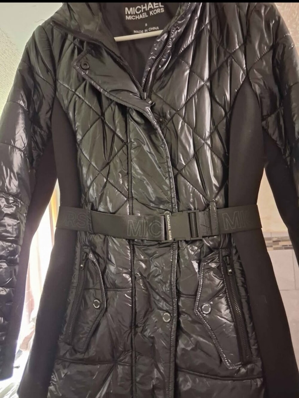 Black Quilted Belted Women's Coat